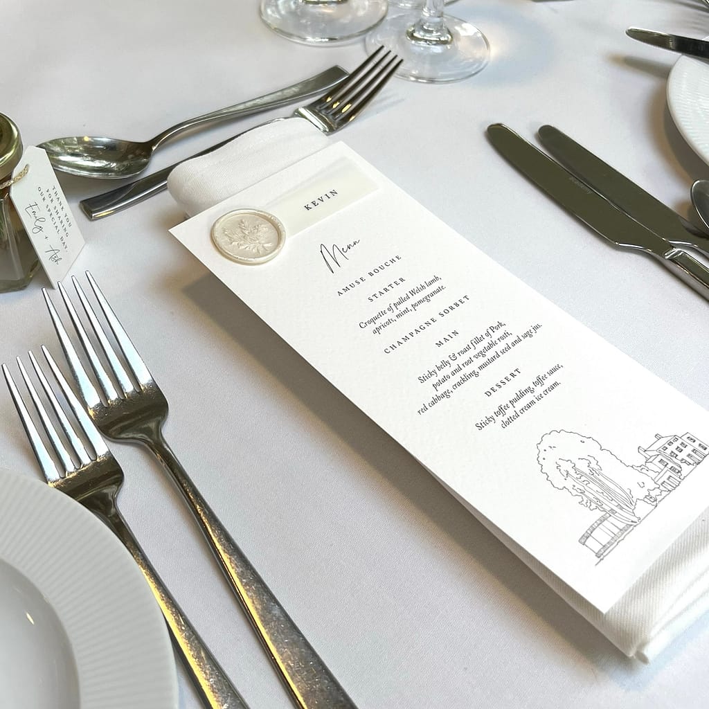 Personalised menu with vellum and wax seal