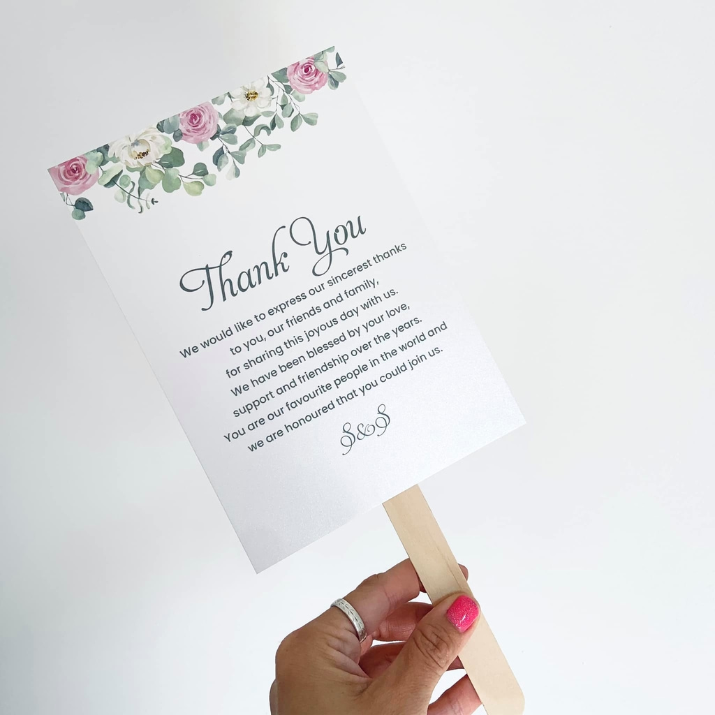 Paddle fan with printed 'thank you' message