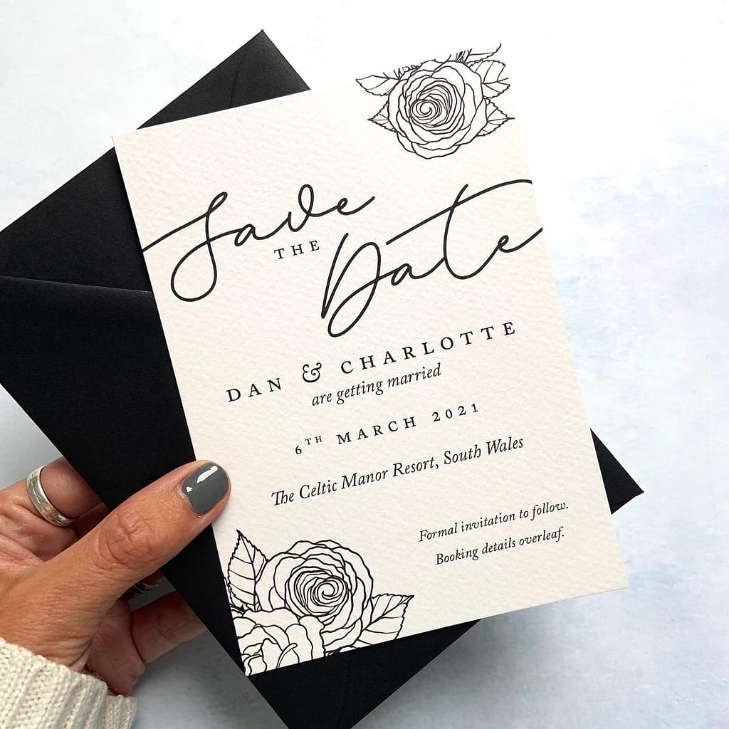 Monochrome floral flat Save the Date card