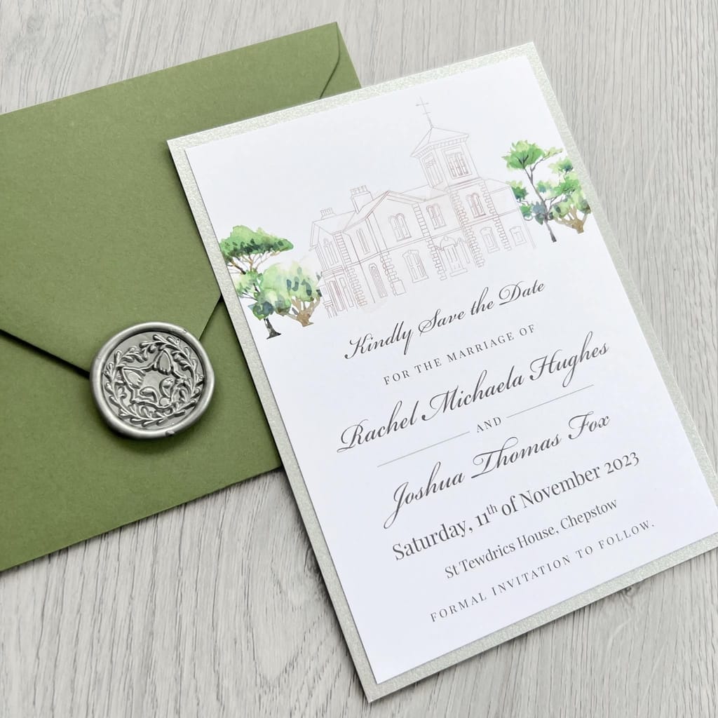 Save the Date card with venue illustration